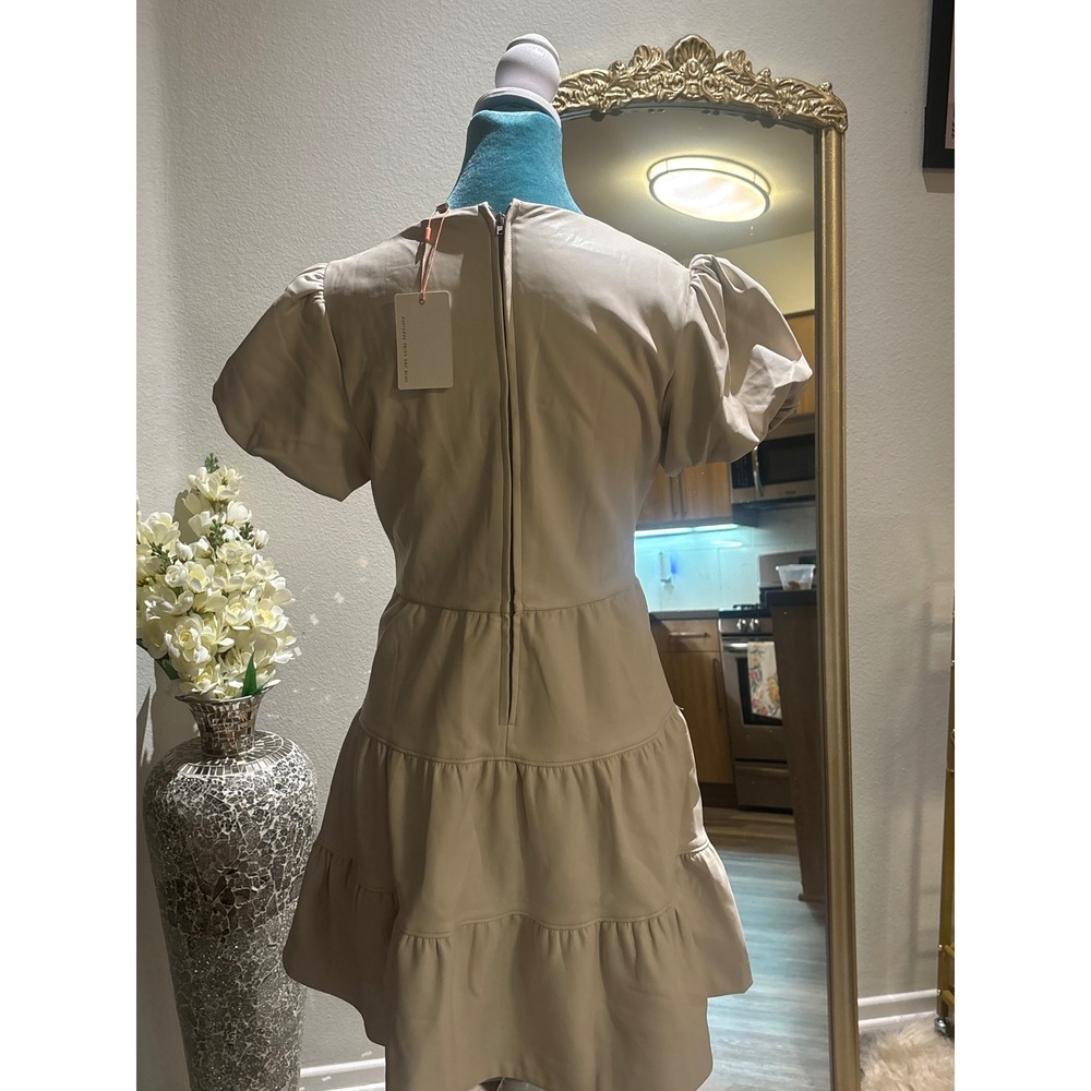 Everyday Skies Are Blue Faux Leather Tiered Mini Dress Puff Sleeve Beige Tan NEW - Picture 6 of 8